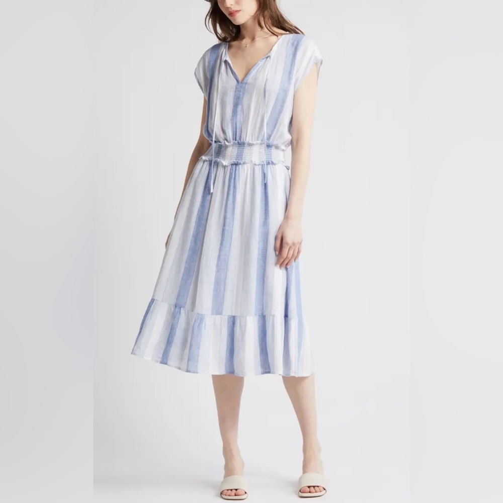 Rails Ashlyn Midi Dress Blue White Smocked Waist Summer SZ XL EUC